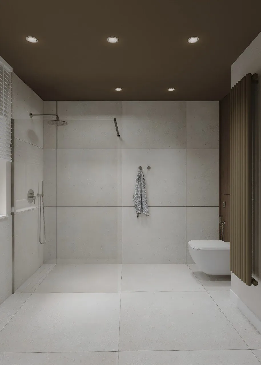 Minimalistyczna jasna łazienka z przestronnym prysznicem walk-in i brązowym sufitem